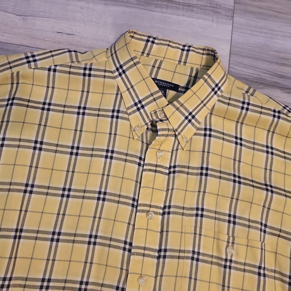 Burberry London Shirt Mens XL Yellow Black Plaid Button Down Made In USA Vintage